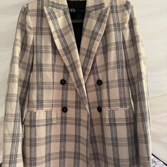 ZARA double breasted cream and grey plaid blazer, S - Picture 6 of 10
